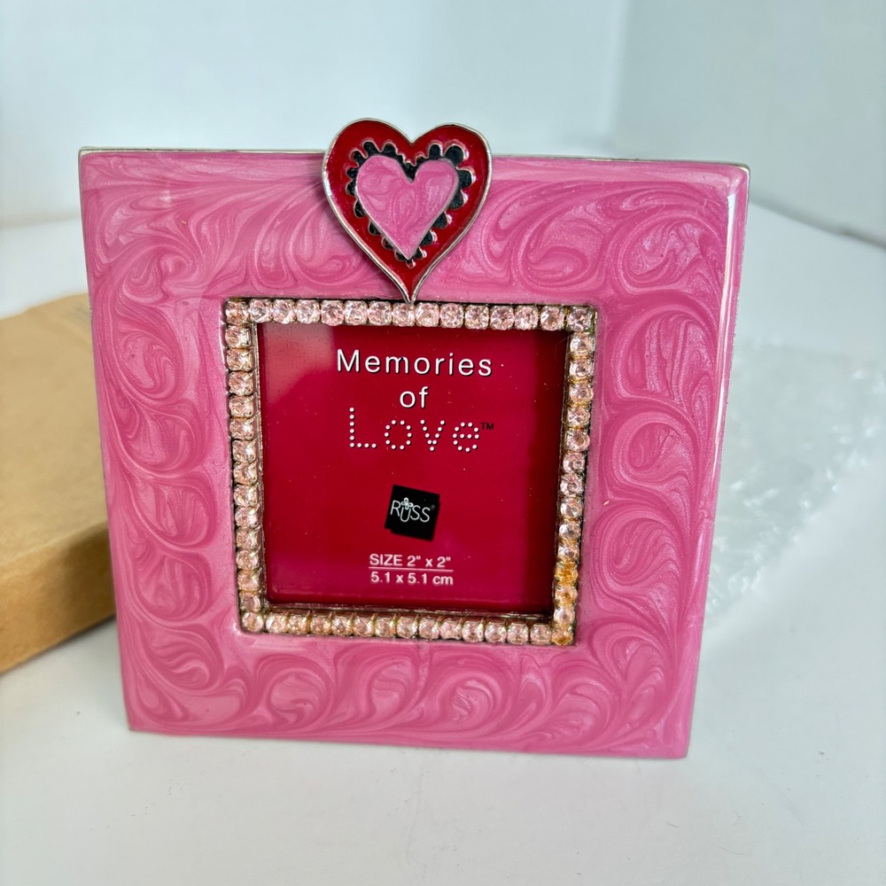 Russ Berrie Memories of Love Pink Heart Pewter Enamel 2x2 Picture Frame New Box